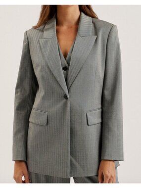 Ted Baker Koa Oversized Herringbone Metallic Blazer Jacket Grey Size 4 / 10